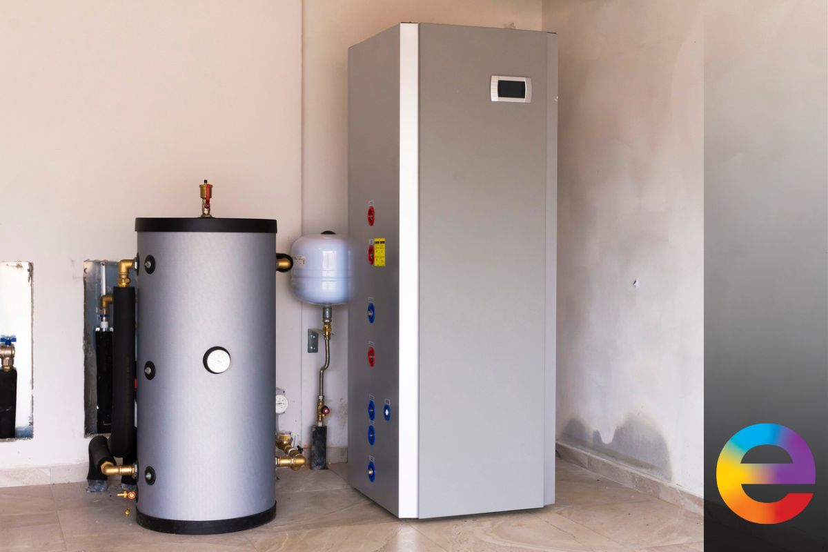Pompă de căldură cu boiler în interiorul clădirii.