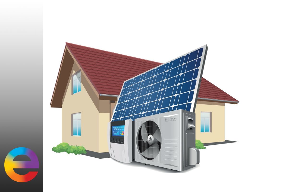 Fotografie a unei pompe de căldură împreună cu panouri fotovoltaice într-o casă familială.
